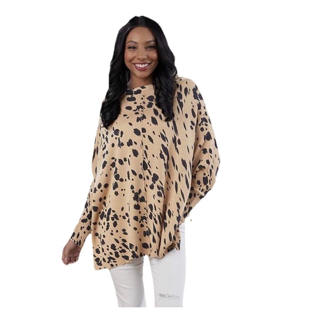 Womens Mud Pie Adele Tan‎ Leopard Sweater Raw Edge Seams One Size